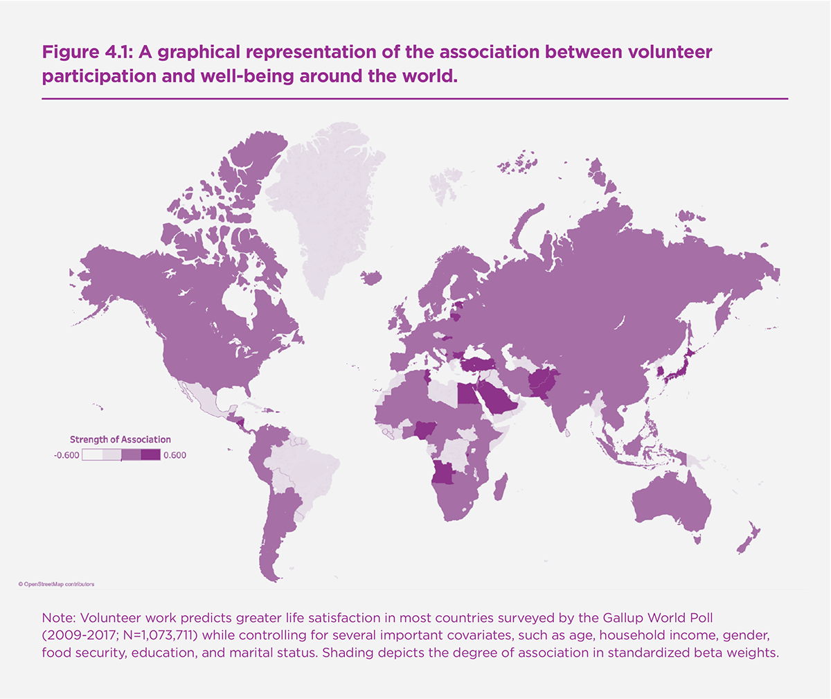 Figure 4.1. A graphical representation of the association between volunteer participation and well-being around the world.